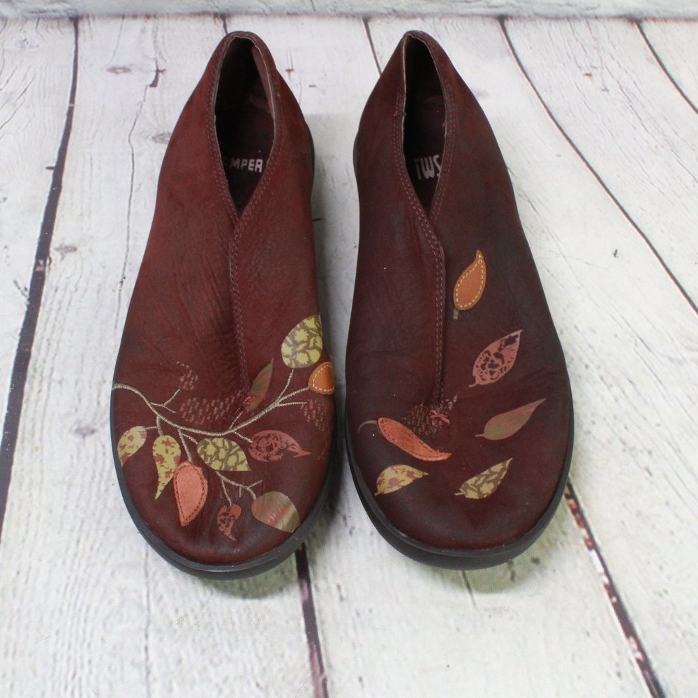 *Camper Burgundy Leather Embroidered Leaves Slip on Flats Casual Shoes Size 36 - Picture 5 of 9